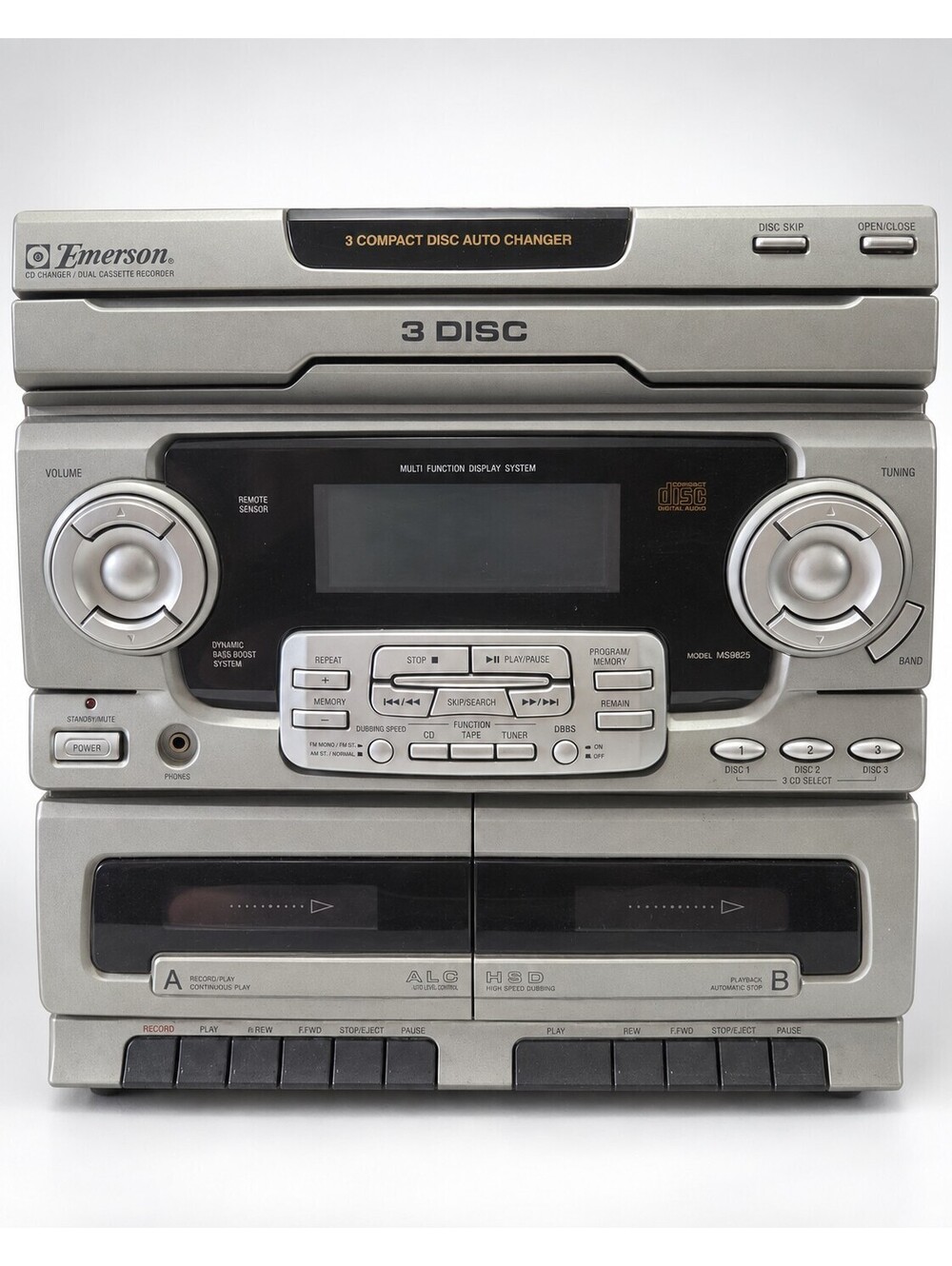 Emerson MS9825 3-CD Changer Dual Cassette AM/FM Stereo w/ Speakers Vintage 2000